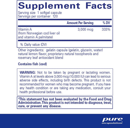 Pure Encapsulations Vitamin A - 3,000 mcg - from Cod Liver Oil - Immune & Vision Support* - Vitamin A Palmitate Supplement - Non-GMO - 120 Softgel Capsules Nirvana Guru