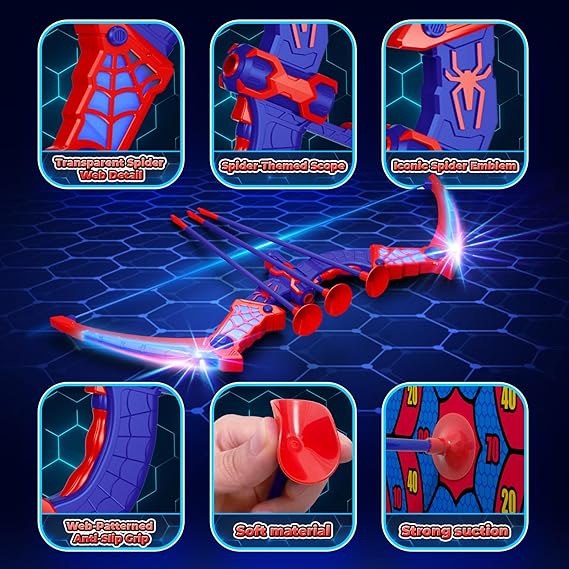 Spider Toys for Boys Age 3-4 4-6 6-8 8-12, Kids Toy BowArrow Shooting Set with Red & Blue LED Lights, Spider Quiver & Web Target, 8 Suction Cup Arrows, Toys Gifts for 3 4 5 6 7 8 9 10 12 Year Old Boys nirvanaguru