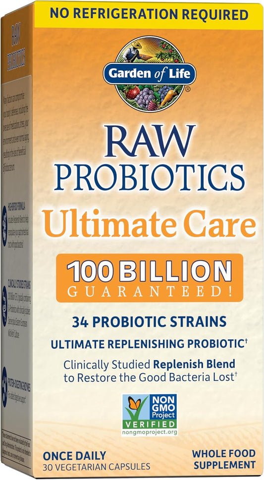 Raw Probiotics - 100 Billion CFU, Shelf Stable, 30 Capsules - For Men and Women, Digestive Enzymes, Clinically Studied Strains - by Garden of Life - Nirvana Guru
