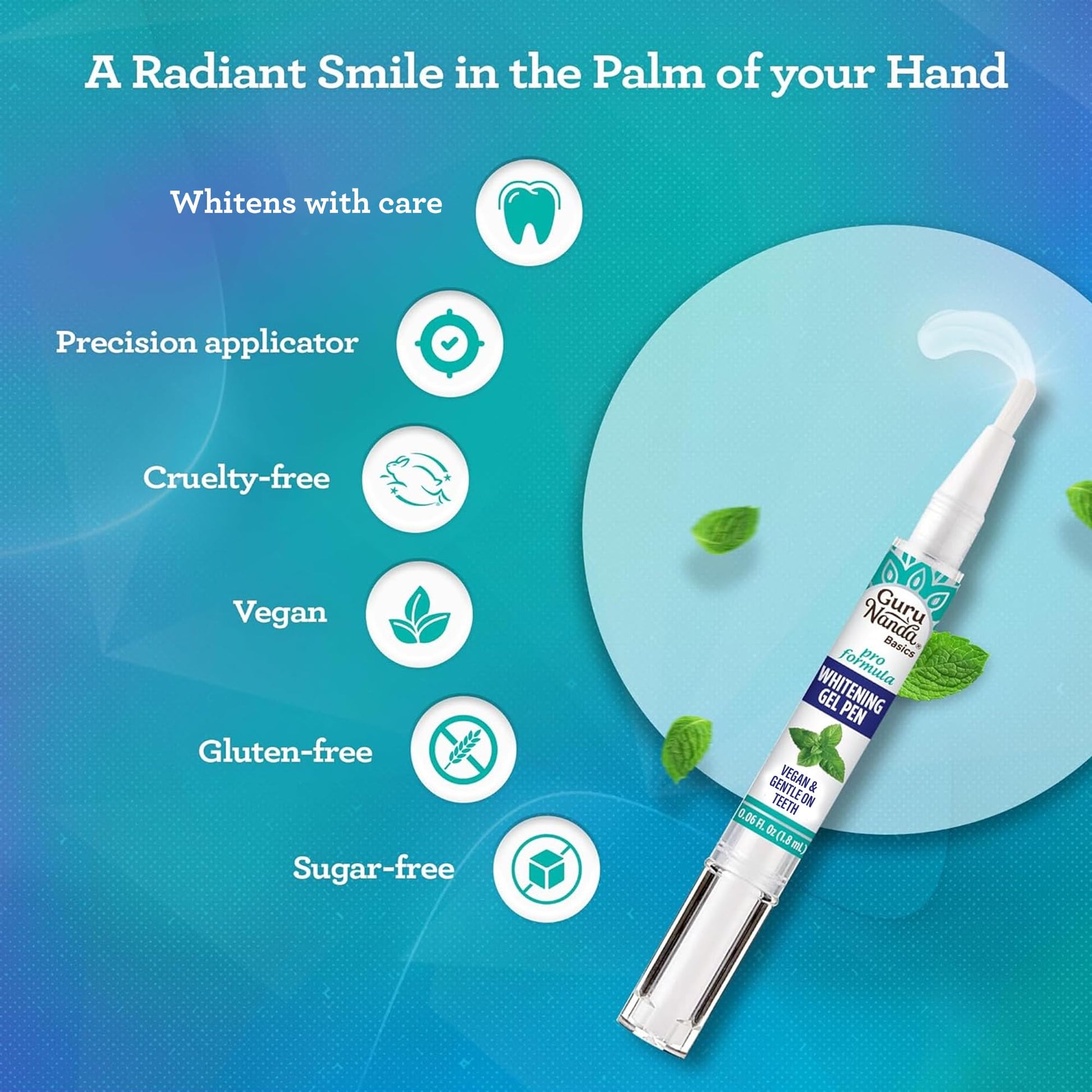 GuruNanda Teeth Whitening Pen,(0.06 fl oz)-20 Uses, Vegan & Gentle on Teeth Pro Formula - Hydrogen Peroxide Whitening Gel Pen, Cruelty-free, Mint Flavor Nirvana Guru