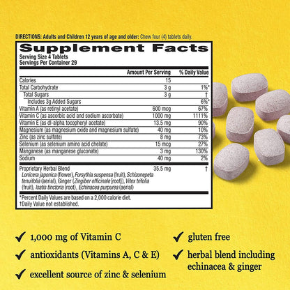 Airborne 1000mg Vitamin C + Zinc Immune Support Supplement Chewable Tablets, Very Berry & Citrus Flavor with Powerful Antioxidants Vitamins A C & E, 116 Chewable Tablets Nirvana Guru