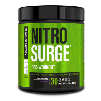 Jacked Factory NITROSURGE Pre Workout Supplement - Energy Booster, Instant Strength Gains, Clear Focus & Intense Pumps - NO Booster & Powerful Preworkout Energy Powder - 30 Servings, Blue Raspberry