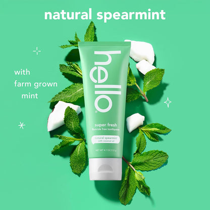hello Super Fresh Fluoride Free Toothpaste, Toothpaste for Bad Breath, Helps Remove Surface Stains, Natural Spearmint, 3 Pack, 4.7 Oz Tubes Nirvana Guru