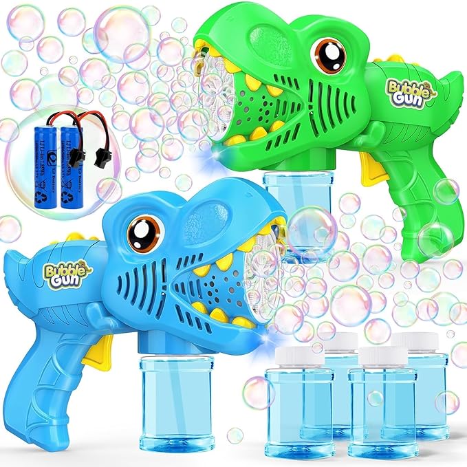 Kids Bubble Gun 2 Pack Dino Bubble Machine Gun for Toddlers with 4 Solutions Automatic 13-Hole Bubbles for Kids Blower Maker Easter Basket Essentials Stocking Stuffers Gift Party Favors for Boys Girls nirvanaguru