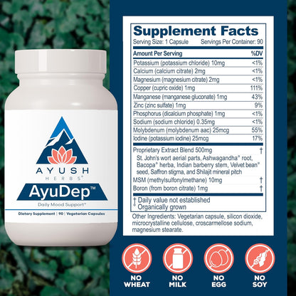 Ayush Herbs AyuDep - Saffron & Ashwagandha Supplements, Uplifting Formula for Women & Men, Herbal Support for Adults - 90 Vegetarian Capsules (1 Count) Nirvana Guru