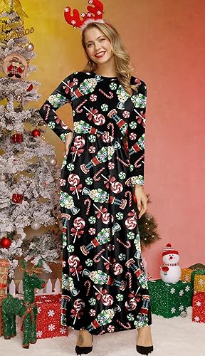 For G and PL Women's Ugly Christmas Maxi Dress Long Sleeve Graphic Outfit with Pockets nirvanaguru