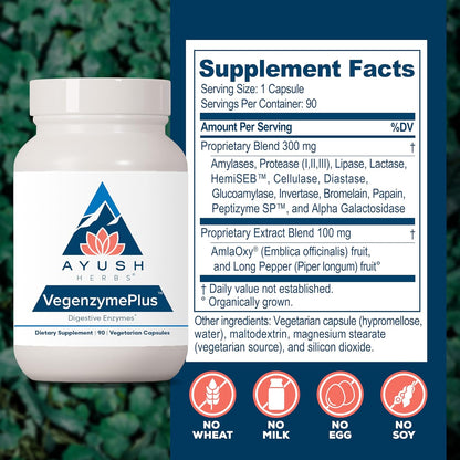 Ayush Herbs VegenzymePlus - Digestive Enzymes for Women & Men, Enzymes for Digestion with Bromelain, Lipase, Lactase, Protease, 100% Vegetarian Gut Health Supplement - 60 Capsules (1 Count) Nirvana Guru