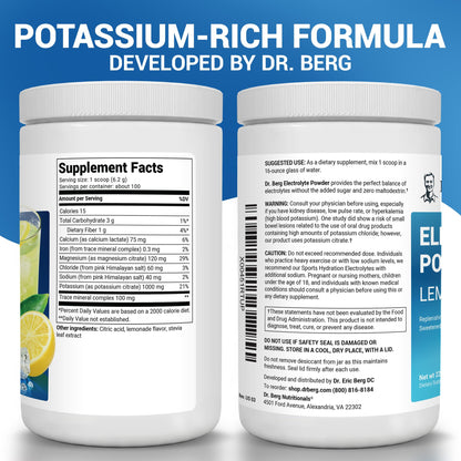 Dr. Berg Zero Sugar Hydration Keto Electrolyte Powder - Enhanced w/ 1000 mg of Potassium & Real Pink Himalayan Salt (NOT Table Salt) - Raspberry & Lemon Flavor Hydration Drink Supplement, 100 Servings
