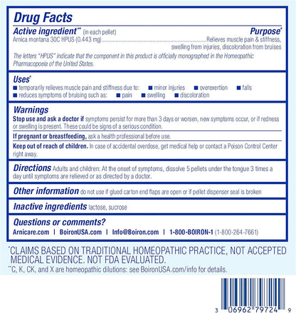 Boiron Arnica Montana 30C Homeopathic Medicine for Relief from Muscle Pain, Muscle Stiffness, Swelling from Injury, and Discoloration from Bruises - 3 Count (240 Pellets) - Nirvana Guru