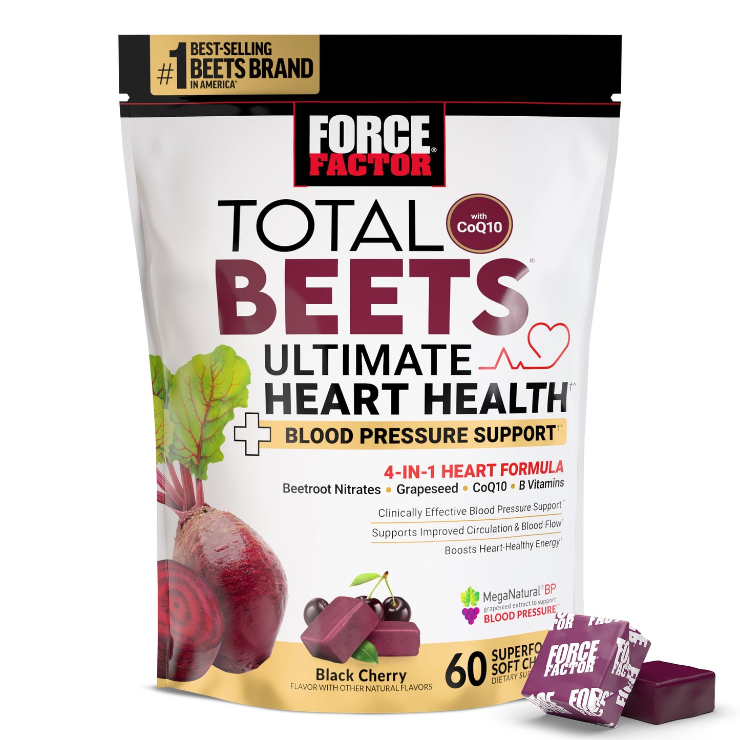 FORCE FACTOR Total Beets Ultimate Heart Health Chews for Blood Pressure Support, with Beetroot Powder, CoQ10, B Vitamins & Grapeseed Extract for Blood Flow & Energy, Black Cherry, 60 Soft Chews Nirvana Guru