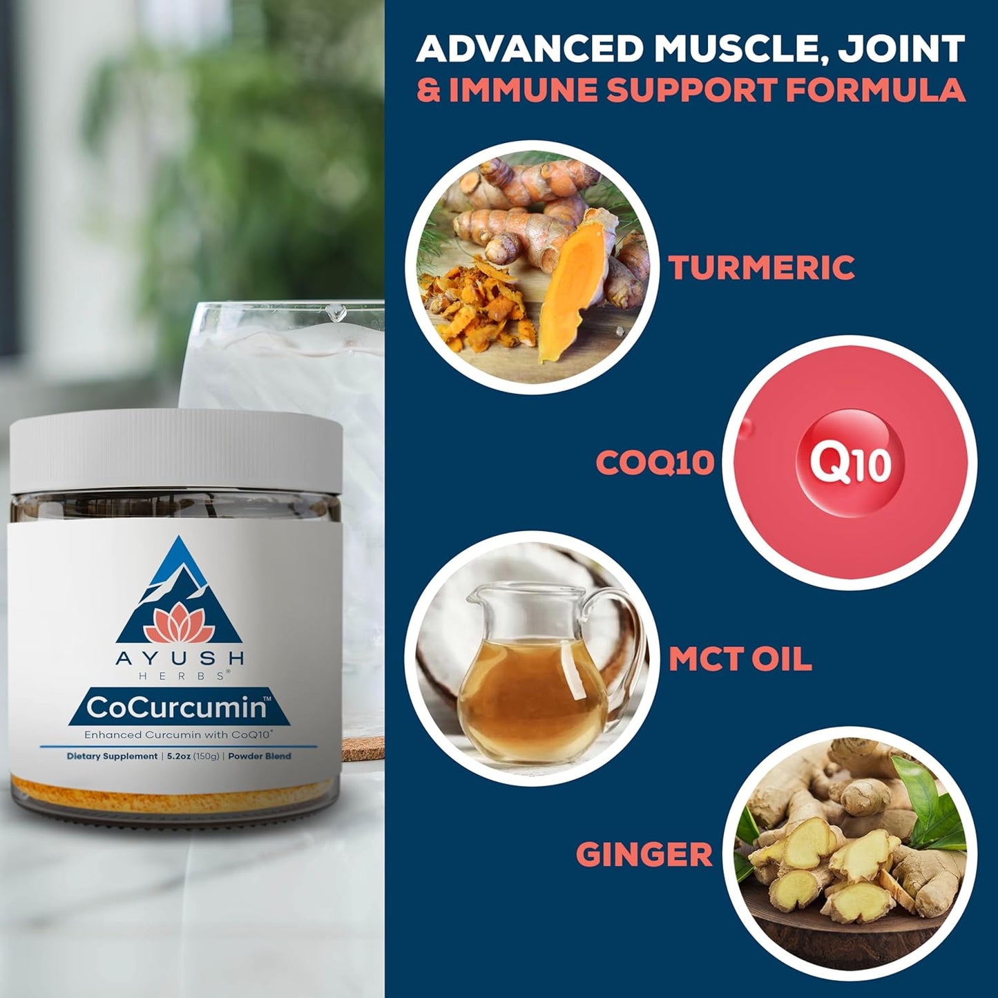 Ayush Herbs CoCurcumin - Turmeric Powder, Curcumin Powder with Black Pepper, CoQ10, MCT Oil for Glowing Skin, Joint, Muscle, and Gut Health - 4.2 Oz Jar (30 Servings) Nirvana Guru