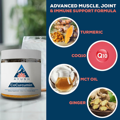 Ayush Herbs CoCurcumin - Turmeric Powder, Curcumin Powder with Black Pepper, CoQ10, MCT Oil for Glowing Skin, Joint, Muscle, and Gut Health - 4.2 Oz Jar (30 Servings) Nirvana Guru