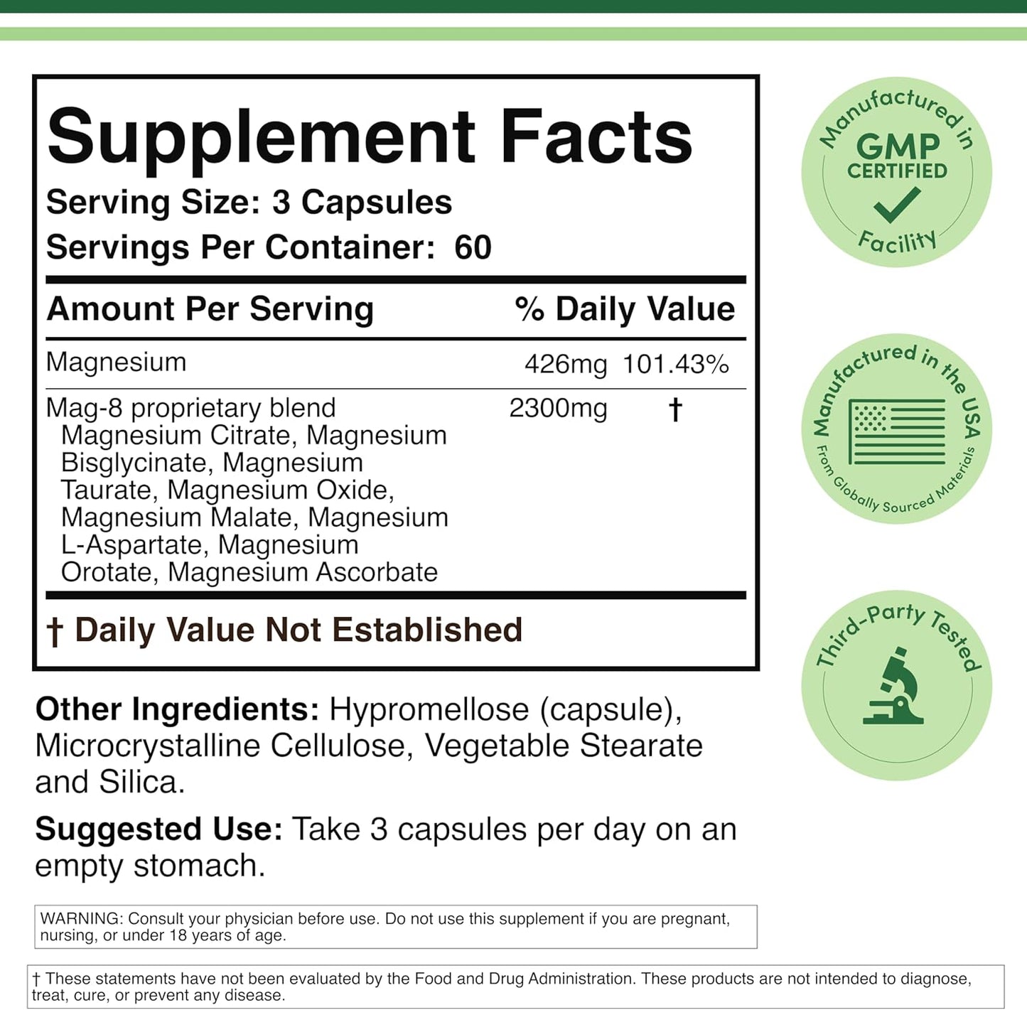 Magnesium Complex Supplement 180 Capsules (426mg Elemental Magnesium Provided by 2,300mg of Eight Different Forms of Magnesium) MAG-8 Provides 100% Daily Recommended Value of Magnesium by Double Wood Nirvana Guru