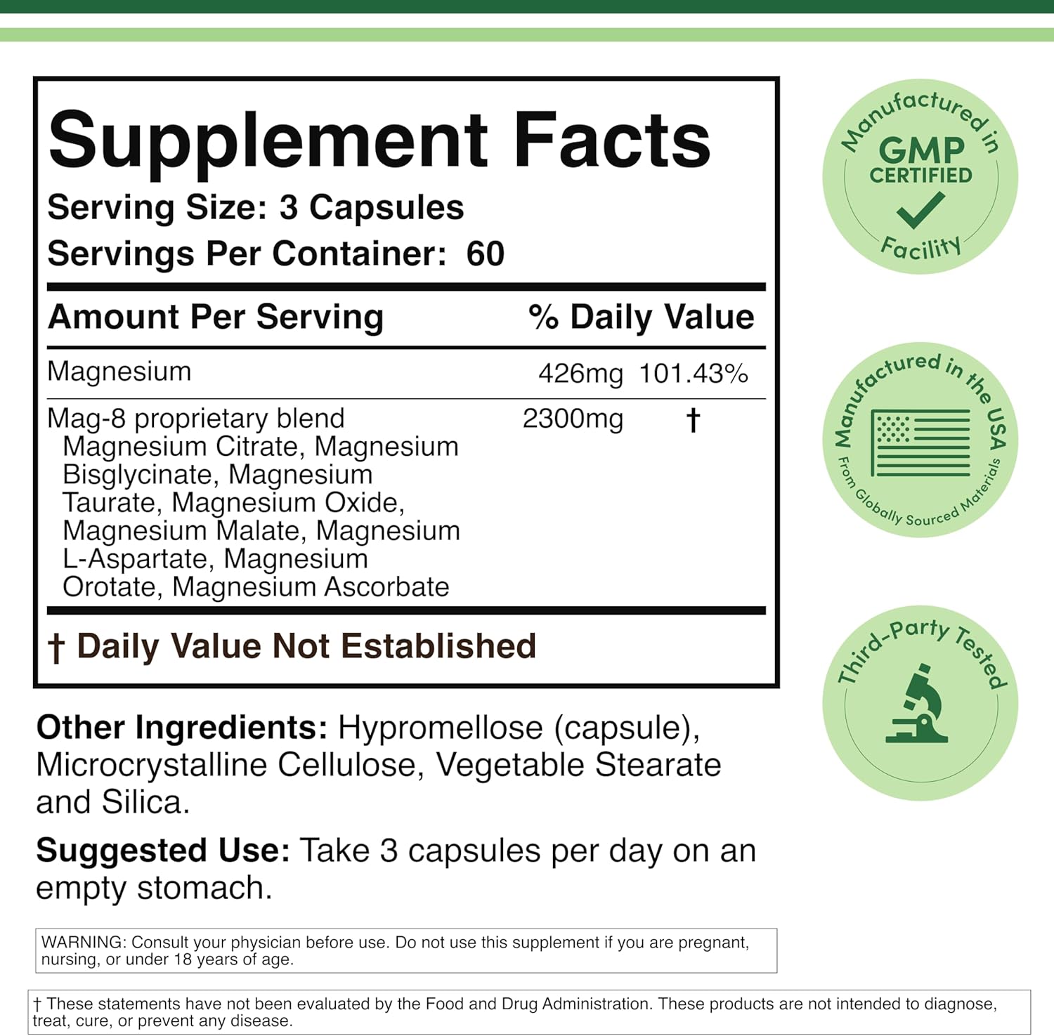 Magnesium Complex Supplement 180 Capsules (426mg Elemental Magnesium Provided by 2,300mg of Eight Different Forms of Magnesium) MAG-8 Provides 100% Daily Recommended Value of Magnesium by Double Wood Nirvana Guru