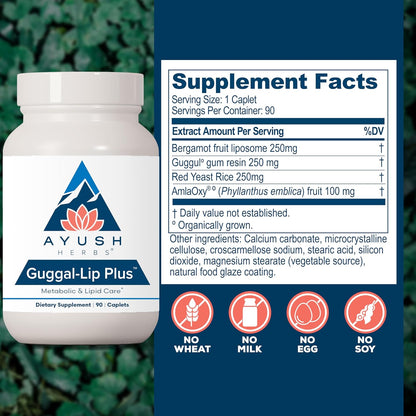 Ayush Herbs Guggal-Lip Plus - Metabolic Vitamins for Women & Men, Daily Pill, Pure & Natural Metabolic Health Supplement with Guggul - 90 Vegetarian Caplets (1 Count) Nirvana Guru