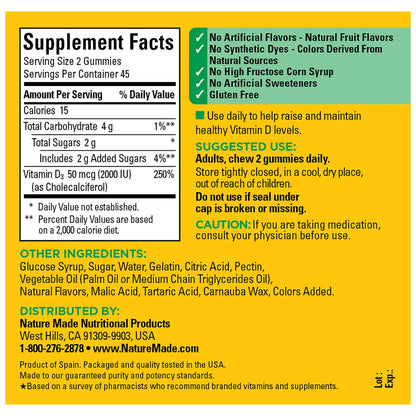 Nature Made Vitamin D3 2000 IU (50 mcg) per serving, Dietary Supplement for Bone, Teeth, Muscle and Immune Health Support, 90 Gummies, 45 Day Supply - Nirvana Guru