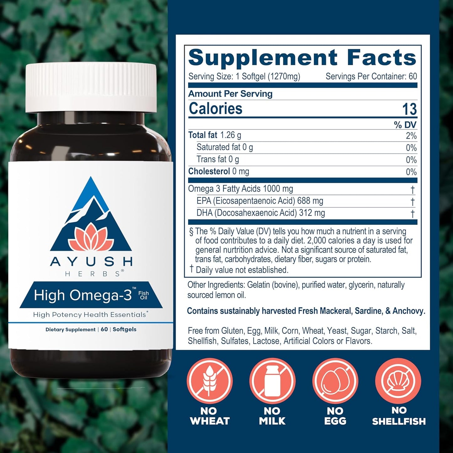 Ayush Herbs High Omega 3 - Omega 3 Fish Oil, 1000mg Per Capsule, EPA & DHA Fish Oil Supplement for Women & Men, Natural Lemon Flavor - 60 Softgel Capsules (1 Count) Nirvana Guru