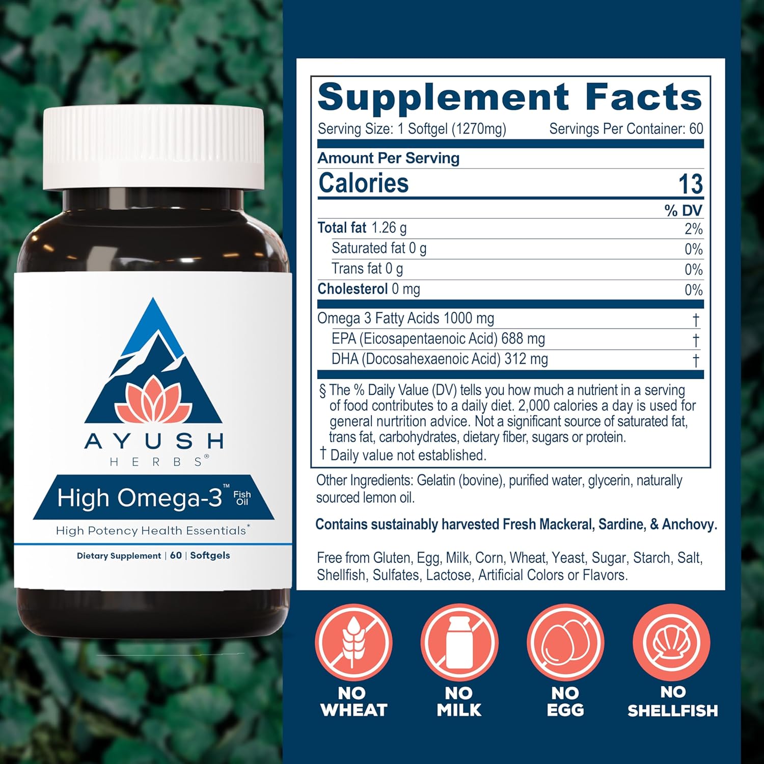 Ayush Herbs High Omega 3 - Omega 3 Fish Oil, 1000mg Per Capsule, EPA & DHA Fish Oil Supplement for Women & Men, Natural Lemon Flavor - 60 Softgel Capsules (1 Count) Nirvana Guru