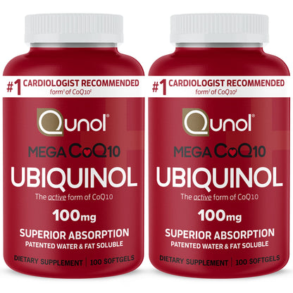 Qunol Mega Ubiquinol 100mg CoQ10, Superior Absorption, Patented Water and Fat Soluble Natural Supplement Form of Coenzyme Q10, Antioxidant for Heart Health, 100 Count Softgels Nirvana Guru