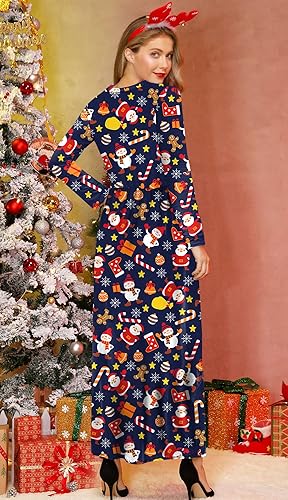 For G and PL Women's Ugly Christmas Maxi Dress Long Sleeve Graphic Outfit with Pockets nirvanaguru