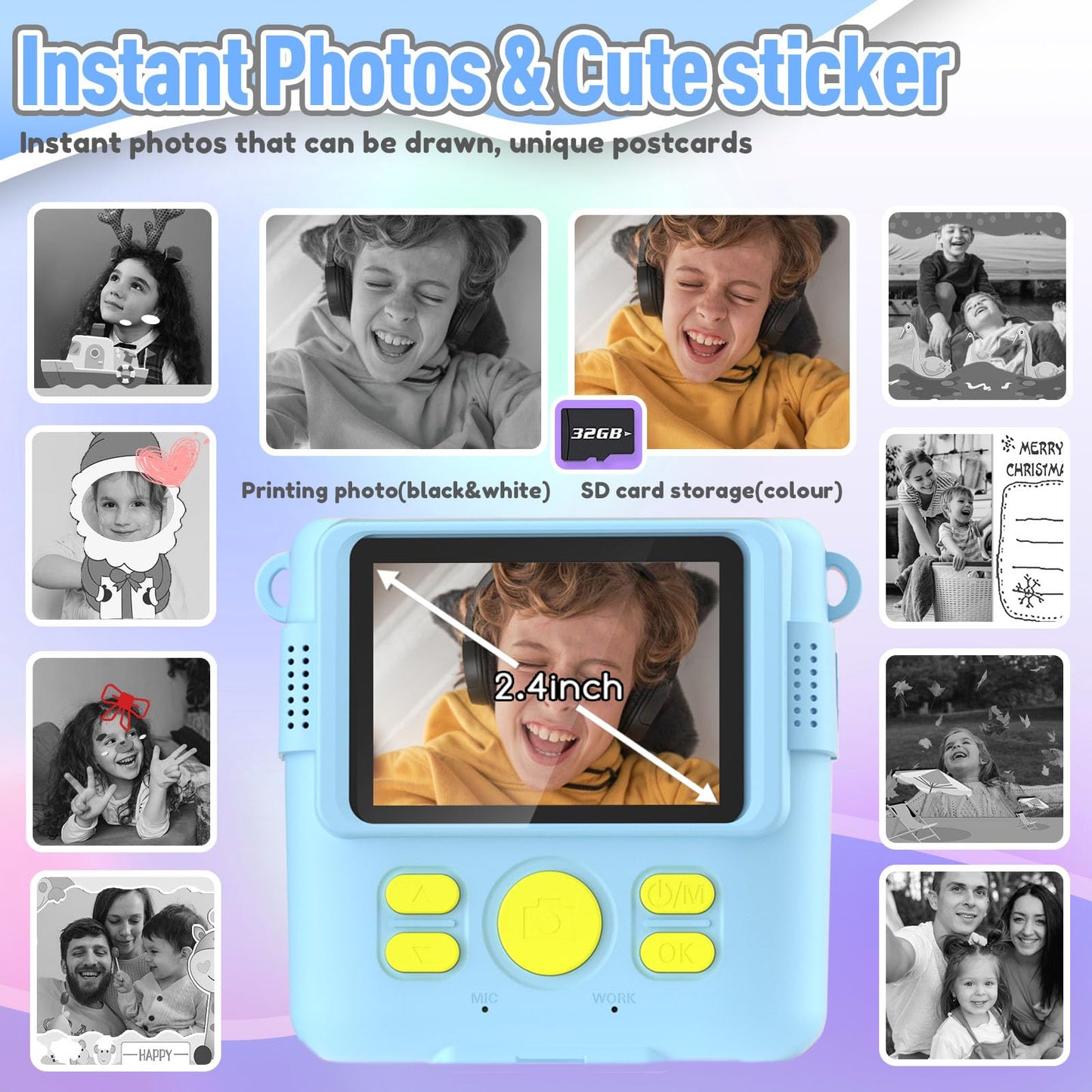 Kids Camera Instant Print, Christmas Birthday Gifts for Kids Age 3-12, Selfie Digital Camera with 1080P Videos,Toddler Portable Travel Cameras Toy for 4 5 6 7 8 9 Year Old Boys Girls-Blue Nirvana Guru