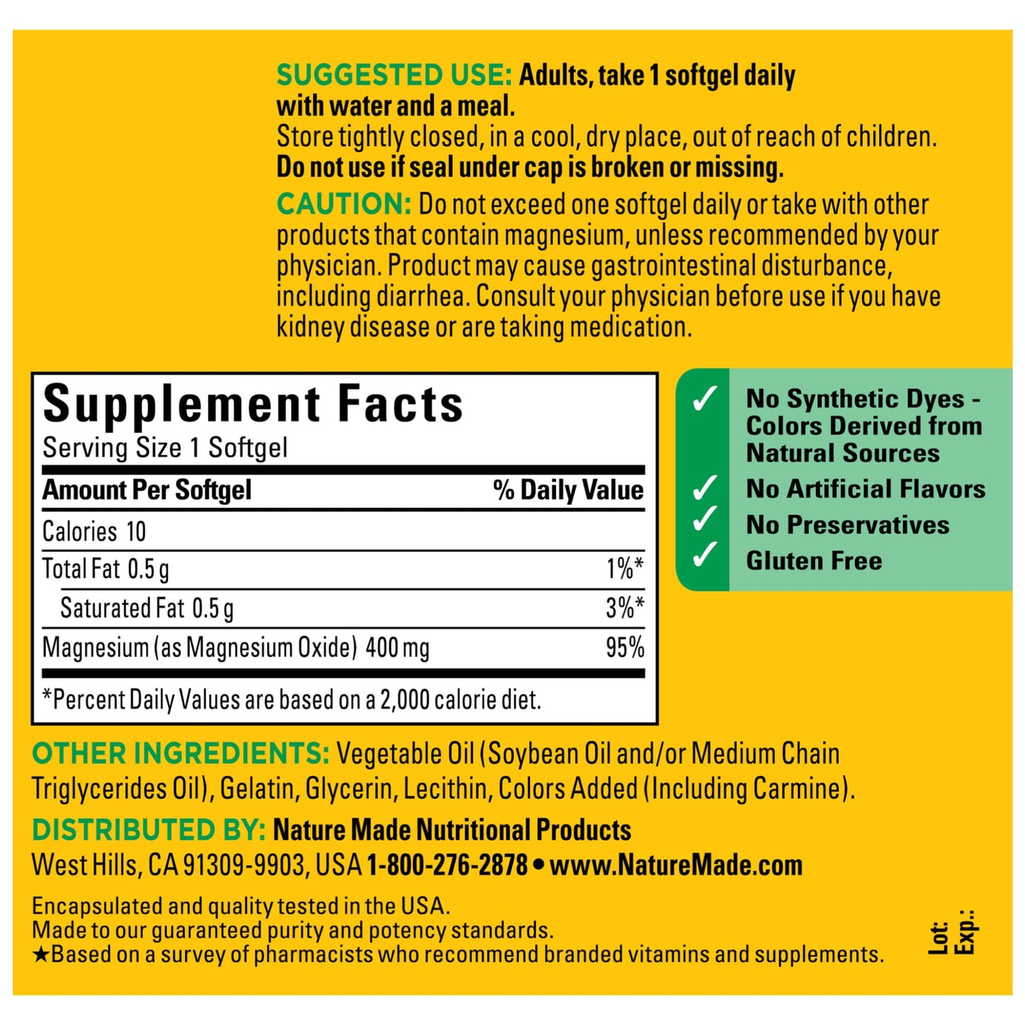 Nature Made Extra Strength Magnesium Oxide 400 mg, Magnesium Supplement for Muscle, Nerve, Bone and Heart Support, 110 Softgels, 110 Day Supply - Nirvana Guru