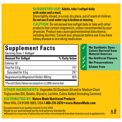 Nature Made Extra Strength Magnesium Oxide 400 mg, Magnesium Supplement for Muscle, Nerve, Bone and Heart Support, 110 Softgels, 110 Day Supply - Nirvana Guru