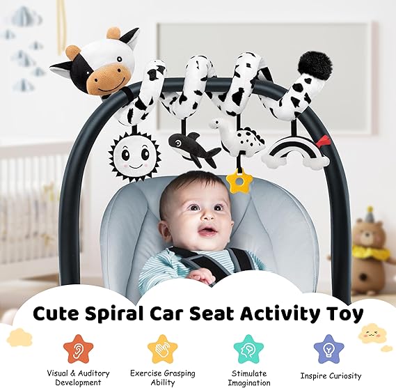 Spiral Car Seat Baby Toys 0-6 Months, Infant Carseat High Contrast Sensory Toys Hanging Stroller Accessories, Newborn Gifts for Baby Boys Girls Essentials, Cute Black and White Cow nirvanaguru