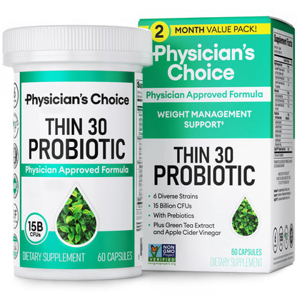 Physician's CHOICE Probiotics for Weight Management & Bloating - 6 Probiotic Strains - Prebiotics - Key ingredient Cayenne - Supports Gut Health - Weight Management for Women & Men - Green Tea - 30 CT