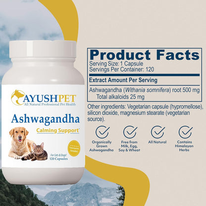 Ayush Pet Stress Support, Ashwagandha Calming Aid for Pets, Promotes Energy and Vitality, 120 Capsules Nirvana Guru