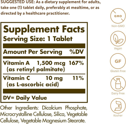 Solgar Dry Vitamin A 1500 mcg (5000 IU), 100 Tablets - Supports Healthy Eyes, Skin & Immune System - Non-GMO, Vegan, Gluten Free, Dairy Free, Kosher - 100 Servings Nirvana Guru