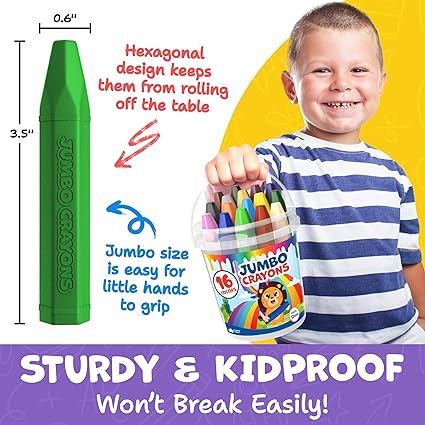 Jumbo Crayons For Toddlers 1-3 - 16pc Toddler Crayons For Kids Ages 4-8 1-3 2-4 - With Printed & PDF Crayon Color Sheets - Non Toxic, Washable, Large & Easy To Grip - Toddler Coloring Art Supplies nirvanaguru