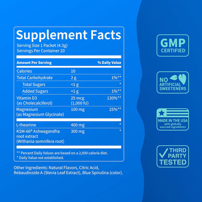 Supercalm Powdered Drink Mix, Raspberry Lemonade, L Theanine, Ksm-66 Ashwagandha, Magnesium Glycinate, Vitamin D 3, Supplements for Relaxation & Focus, No Sugar, Non GMO, On The Go, 20 Ct