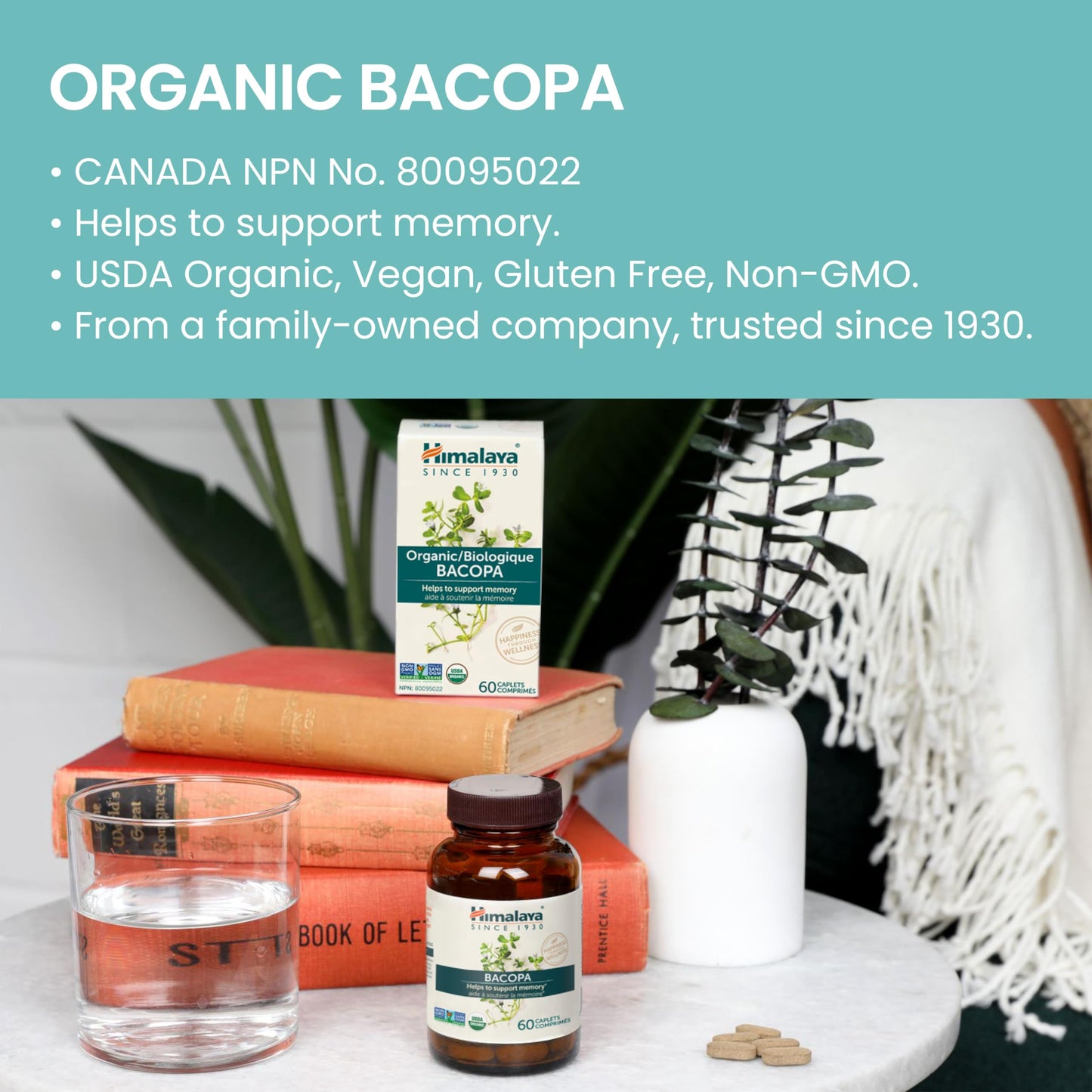 Himalaya Organic Bacopa Monnieri Nootropic Herbal Supplement, Supports Calm, Memory, Cognition, USDA Certified Organic, Non-GMO, 750 mg, 60 Plant-Based Caplets, 60 Day Supply - Nirvana Guru