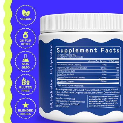 Hi-Lyte Keto K1000 Electrolyte Powder | Raspberry Lemon | Hydration Supplement Drink Mix | Boost Energy & Beat Leg Cramps | No Sugar, No Maltodextrin | 50 Servings
