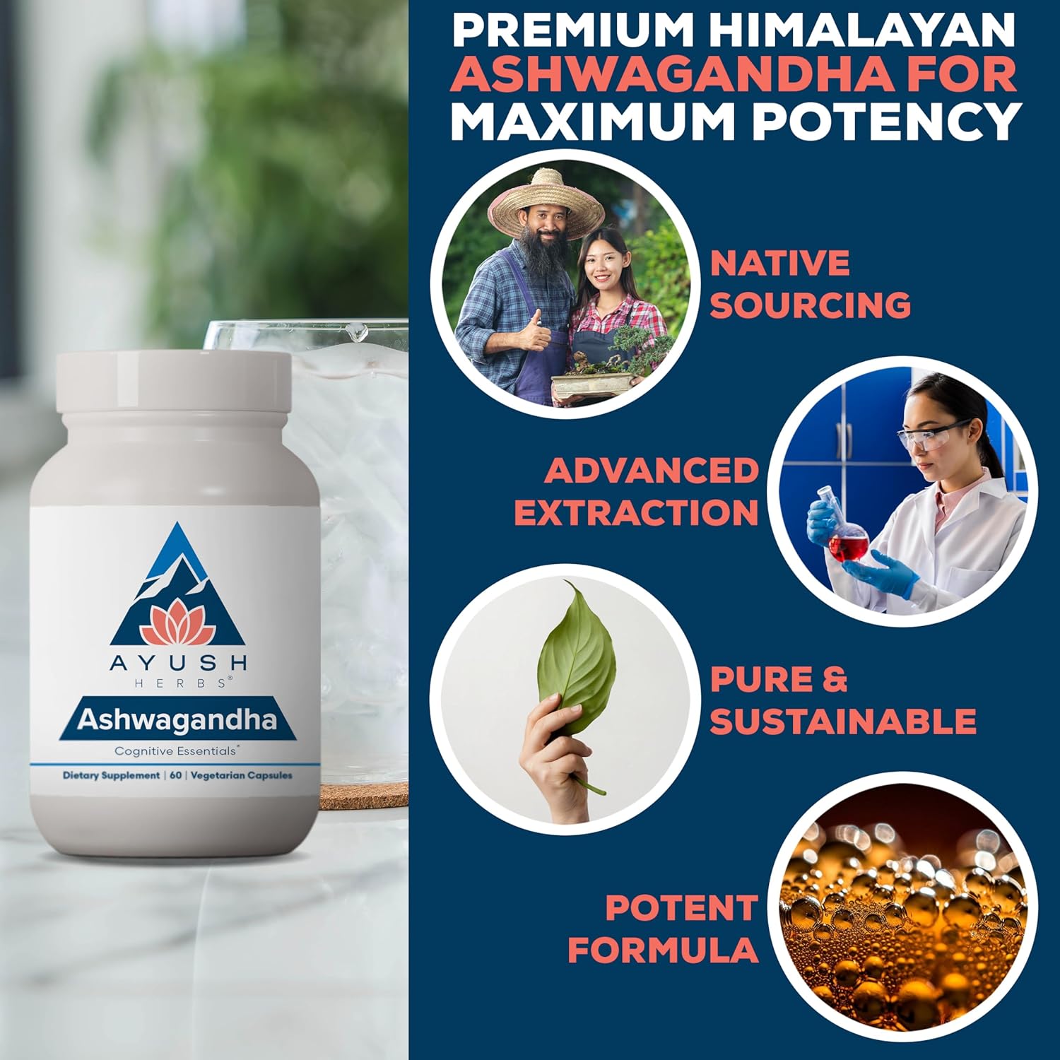 Ayush Herbs Ashwagandha Capsules - Ashwagandha for Men & Women, Ashwagandha Supplements, Pure Ashwagandha Root Powder for Stress, 500mg per Pill - 60 Vegetarian Caplets (1 Count) Nirvana Guru