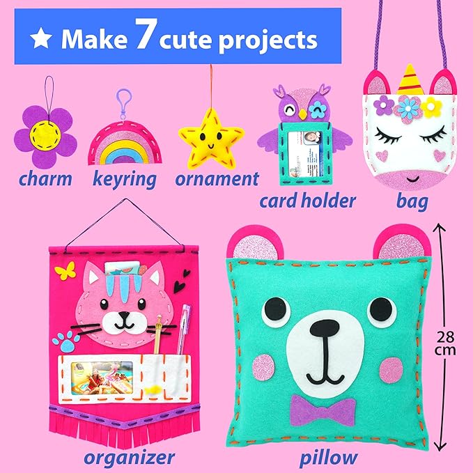 KRAFUN My First Sewing Kit for Beginner Kids Arts & Crafts, 7 Easy DIY Projects of Stuffed Animal Dolls and Plush Pillow Craft, Instructions & Felt, Gift for Girls, Boys, Learn to Sew, Embroidery Nirvana Guru