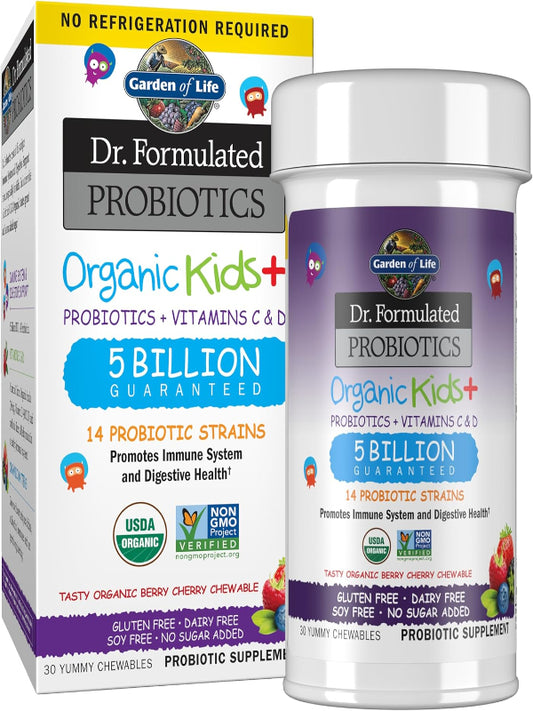 Garden of Life Dr. Formulated Probiotics Organic Kids+ Plus Vitamin C & D - Berry Cherry - Gluten, Dairy & Soy Free Immune & Digestive Health Supplement, No Added Sugar, 30 Chewables (Shelf Stable) - Nirvana Guru