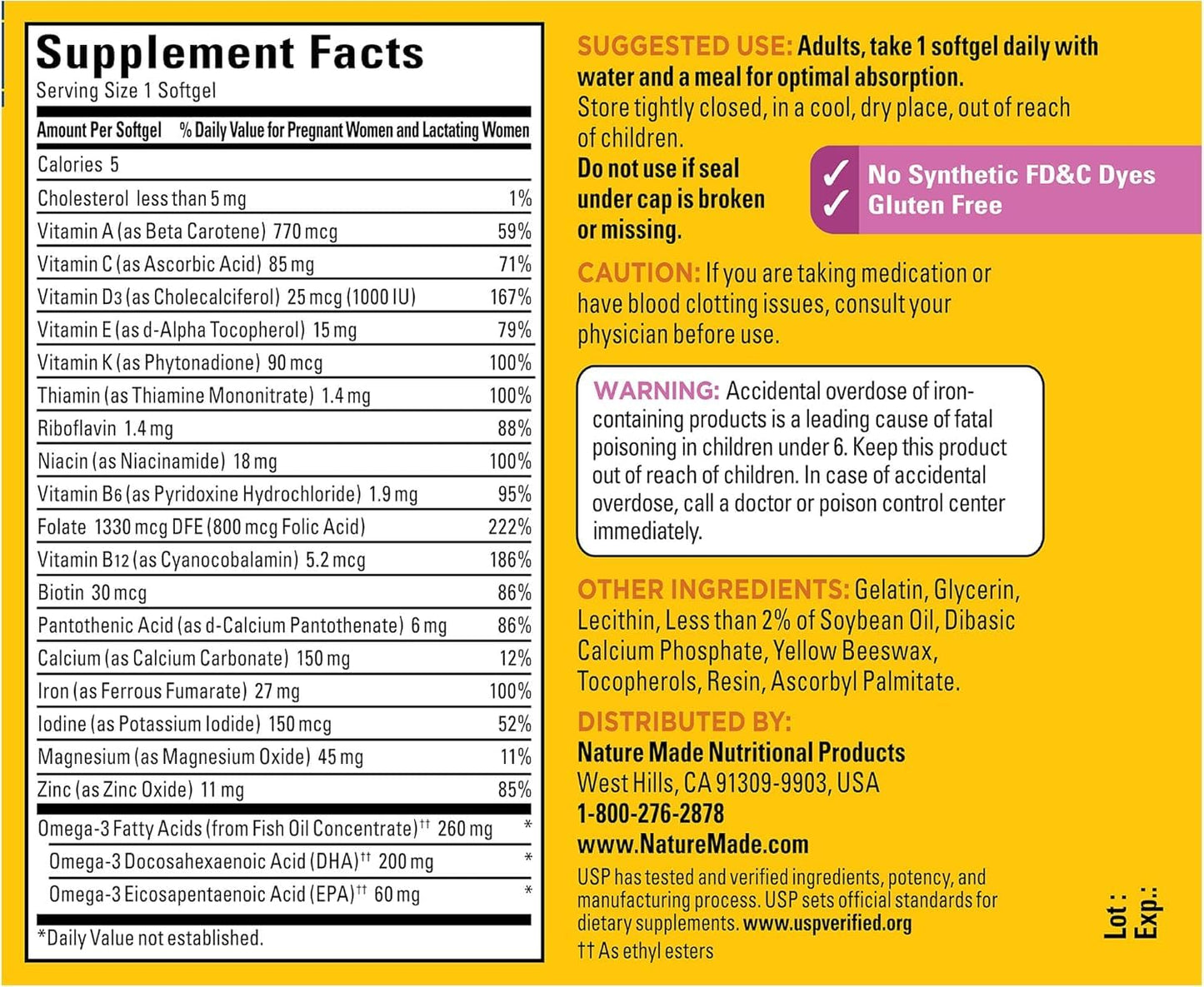 Nature Made Prenatal with Folic Acid + DHA, Prenatal Vitamin and Mineral Supplement for Daily Nutritional Support, 110 Softgels, 110 Day Supply - Nirvana Guru