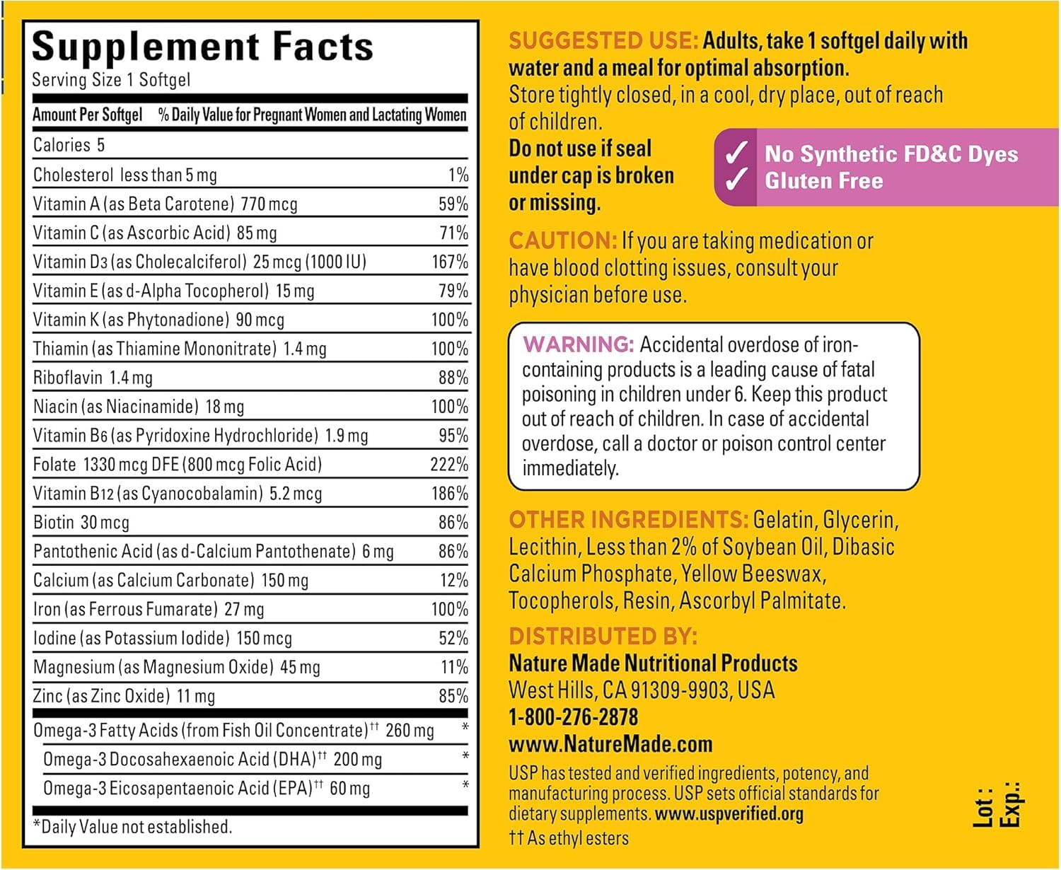 Nature Made Prenatal with Folic Acid + DHA, Prenatal Vitamin and Mineral Supplement for Daily Nutritional Support, 110 Softgels, 110 Day Supply - Nirvana Guru