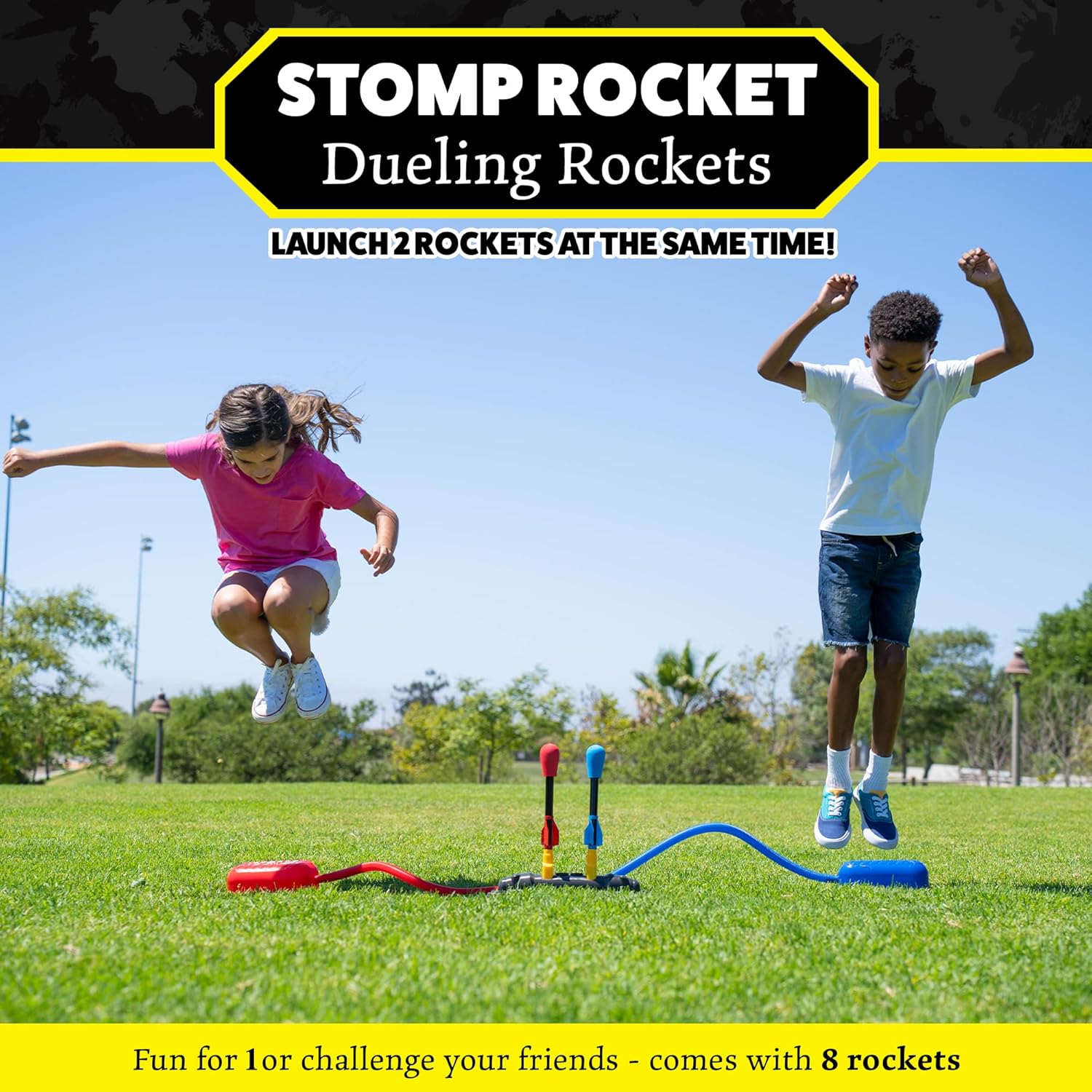 Stomp Rocket Original Dueling Rocket Launcher for Kids, 8 Rockets - Fun Backyard & Outdoor Kids Toys Gifts for Boys & Girls -Toy Foam Blaster Set Soars 200ft - Multi-Player Launcher Stand Nirvana Guru