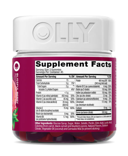 OLLY Women's Multivitamin Gummy, Vitamins A, D, C, E, Biotin, Folic Acid, Adult Chewable Vitamin, Berry Flavor, 45 Day Supply - 90 Count
