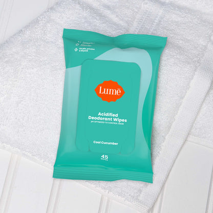 Lume Acidified Deodorant Wipes - 24 Hour Odor Control - Aluminum Free, Baking Soda Free, Skin Loving - 15 Count (Pack of 3) (Cool Cucumber) Nirvana Guru