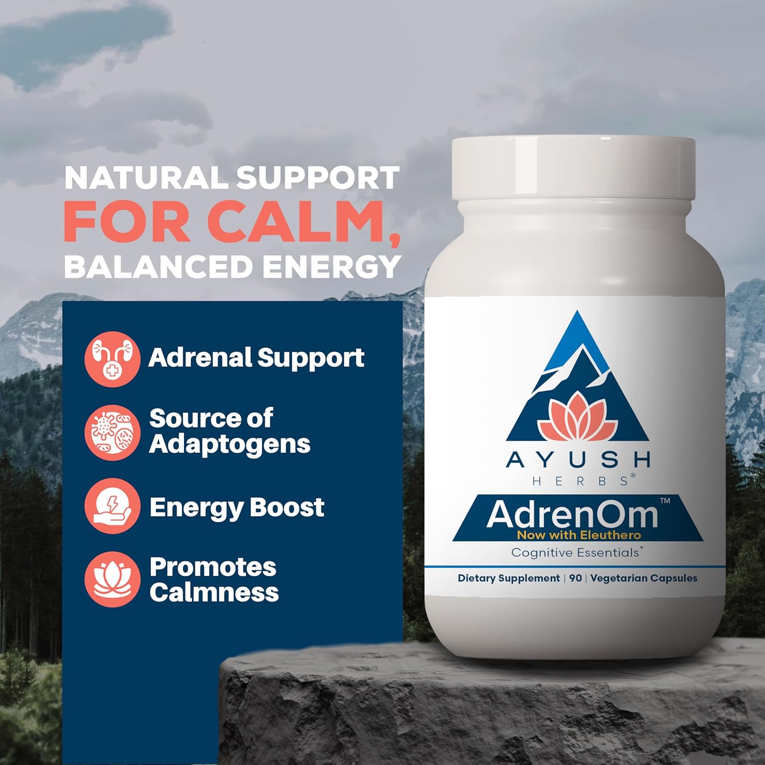Ayush Herbs AdrenOm - Ayurvedic Adrenal and Stress-Support Supplement for Women & Men, Ashwagandha & Eleuthero to Support Adrenal Balance, Cognitive Function & Calm - 90 Vegetarian Capsules (1 Count) Nirvana Guru