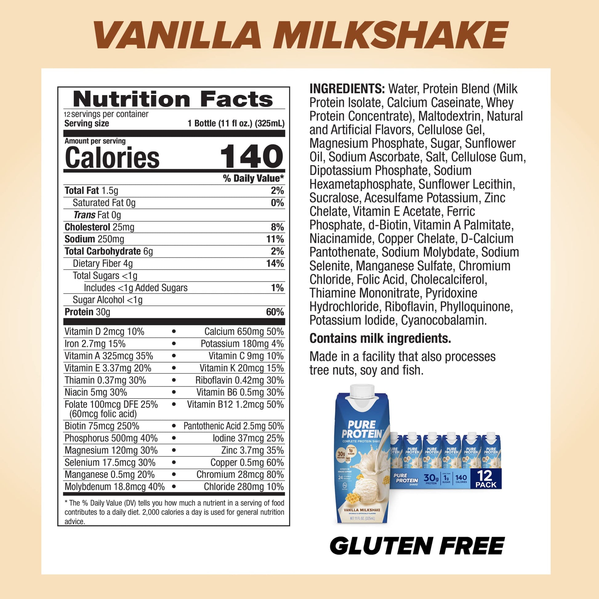 Pure Protein Vanilla Protein Shake, 30g Complete Protein, Vitamins A, C, D, and E plus Zinc to Support Immune Health, Ready to Drink and Keto-Friendly, 11oz Bottles, 12 Pack Nirvana Guru