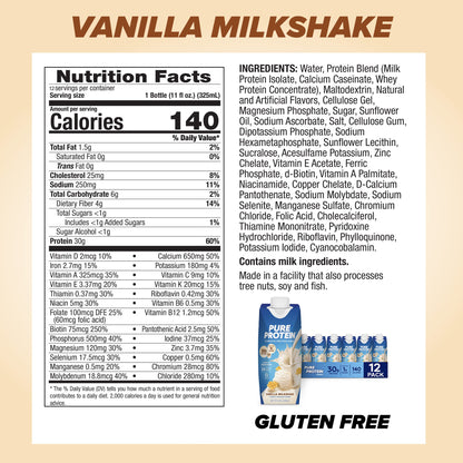 Pure Protein Vanilla Protein Shake, 30g Complete Protein, Vitamins A, C, D, and E plus Zinc to Support Immune Health, Ready to Drink and Keto-Friendly, 11oz Bottles, 12 Pack Nirvana Guru