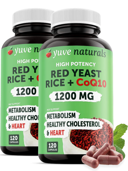 100% Natural Red Yeast Rice 1200 mg with CoQ10 100 mg, 2 in 1, Maintain Healthy Cholesterol Levels - 120 Veggie Capsules - Nirvana Guru