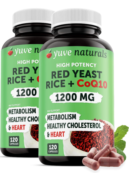 100% Natural Red Yeast Rice 1200 mg with CoQ10 100 mg, 2 in 1, Maintain Healthy Cholesterol Levels - 120 Veggie Capsules - Nirvana Guru