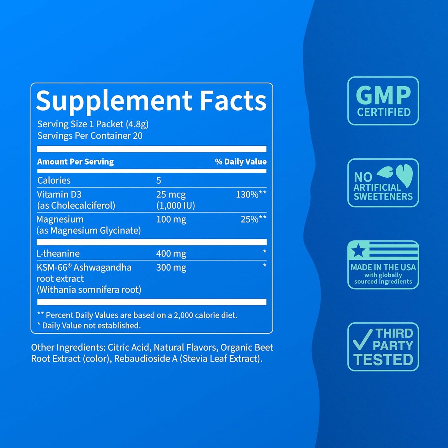 Supercalm Powdered Drink Mix, Raspberry Lemonade, L Theanine, Ksm-66 Ashwagandha, Magnesium Glycinate, Vitamin D 3, Supplements for Relaxation & Focus, No Sugar, Non GMO, On The Go, 20 Ct