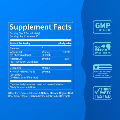 Supercalm Powdered Drink Mix, Raspberry Lemonade, L Theanine, Ksm-66 Ashwagandha, Magnesium Glycinate, Vitamin D 3, Supplements for Relaxation & Focus, No Sugar, Non GMO, On The Go, 20 Ct